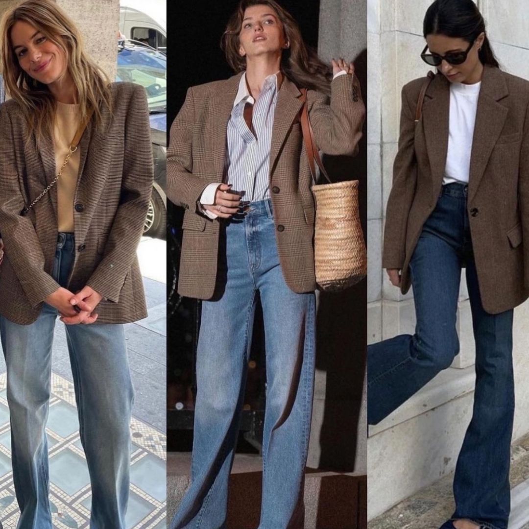 La Blazer de Cuadros: El Regreso del Básico para un Look con Jeans y Camiseta Blanca